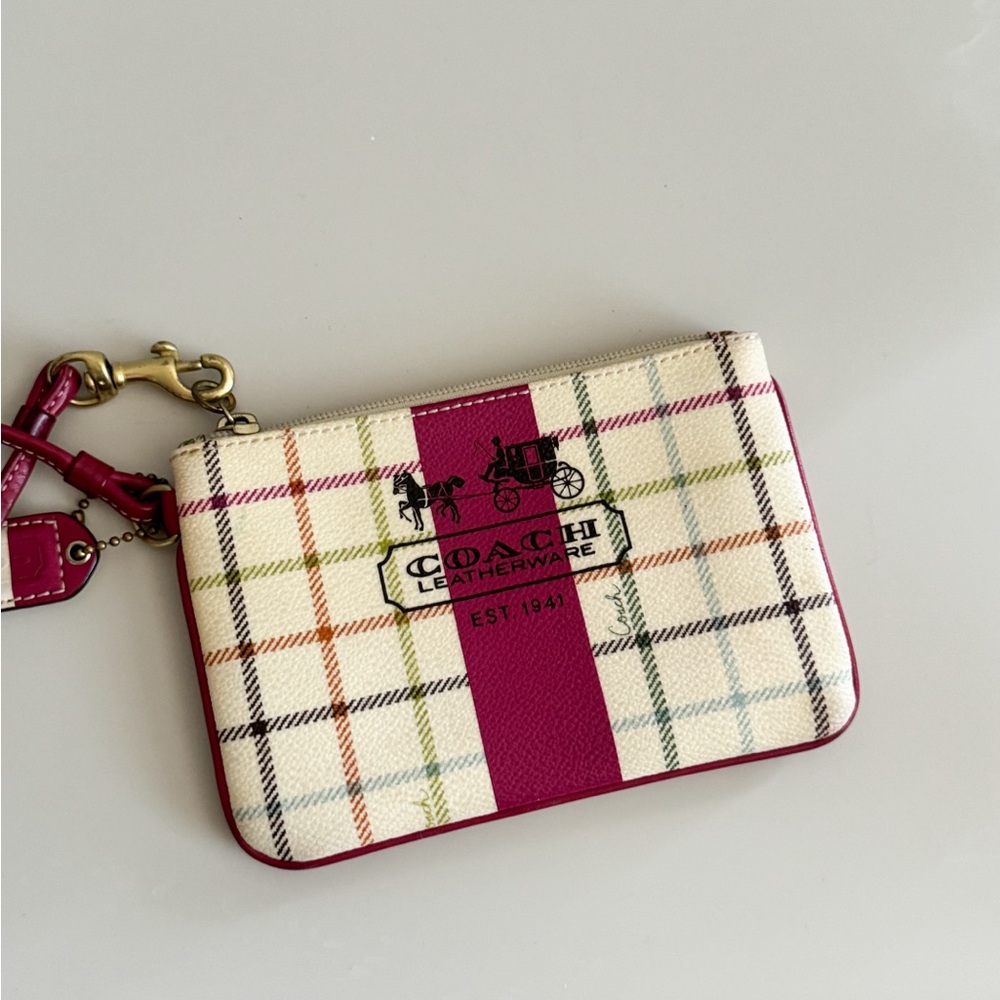 Coach Plaid Wristlet in Cream and Pink
